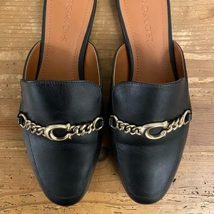 COACH women’s Sofi Slide black leather mules / slip-on loafers gold hardware 7.5